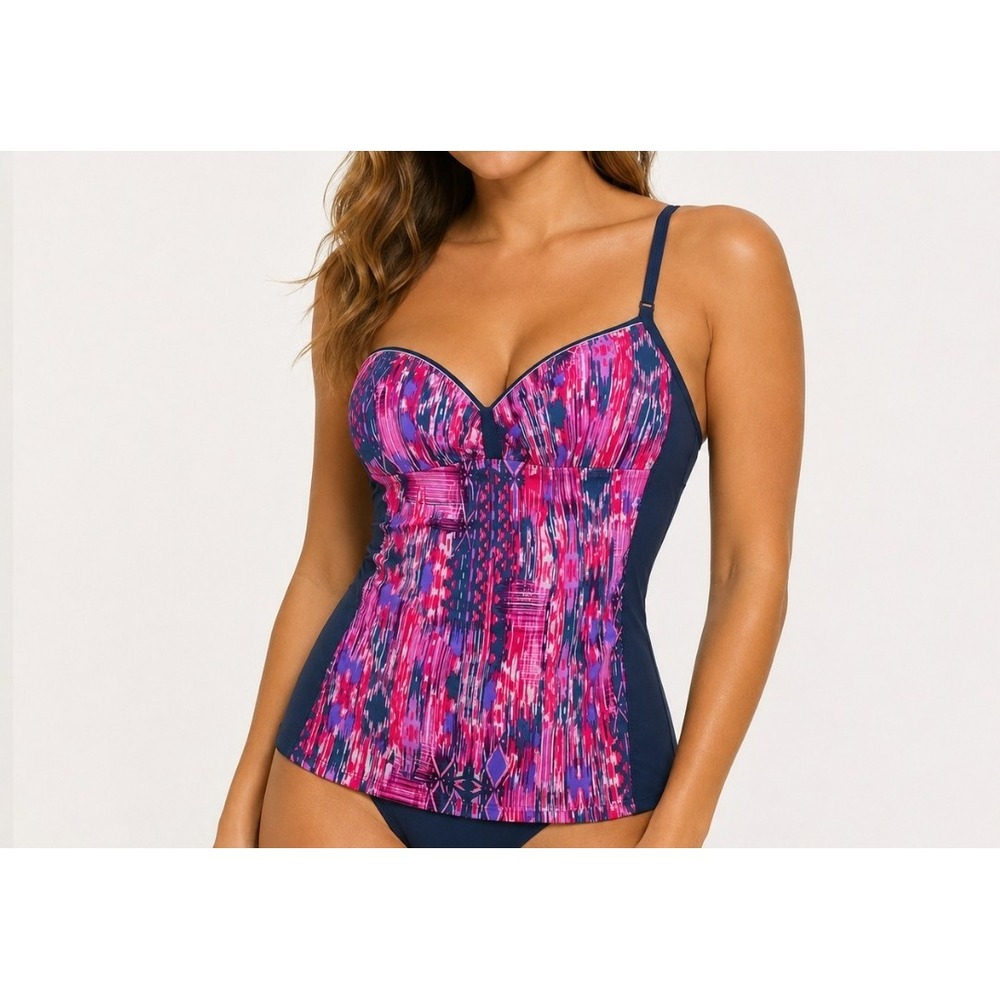 Free Country Swim Tankini Top Womens XL Blue Pink Abstract Ikat Underwire NEW